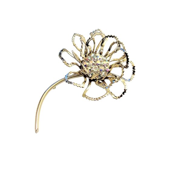 Sarah Coventry Crystal Crimped Flower Leaf Pin Brooch Gold Tone - Picture 3 of 6